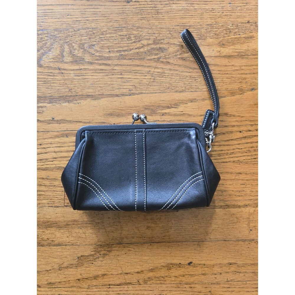 Vtg Coach Soho Black Stitched Leather Framed Kisslock Wristlet Clutch Wallet - Picture 5 of 6